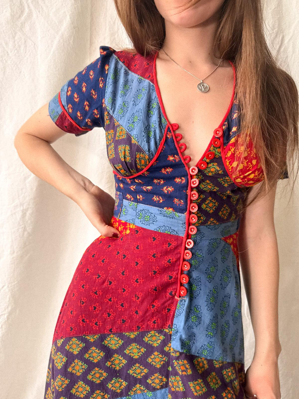 1970s Indian Cotton Patchwork Maxi Dress | Block Print Bohemian Folk Dress