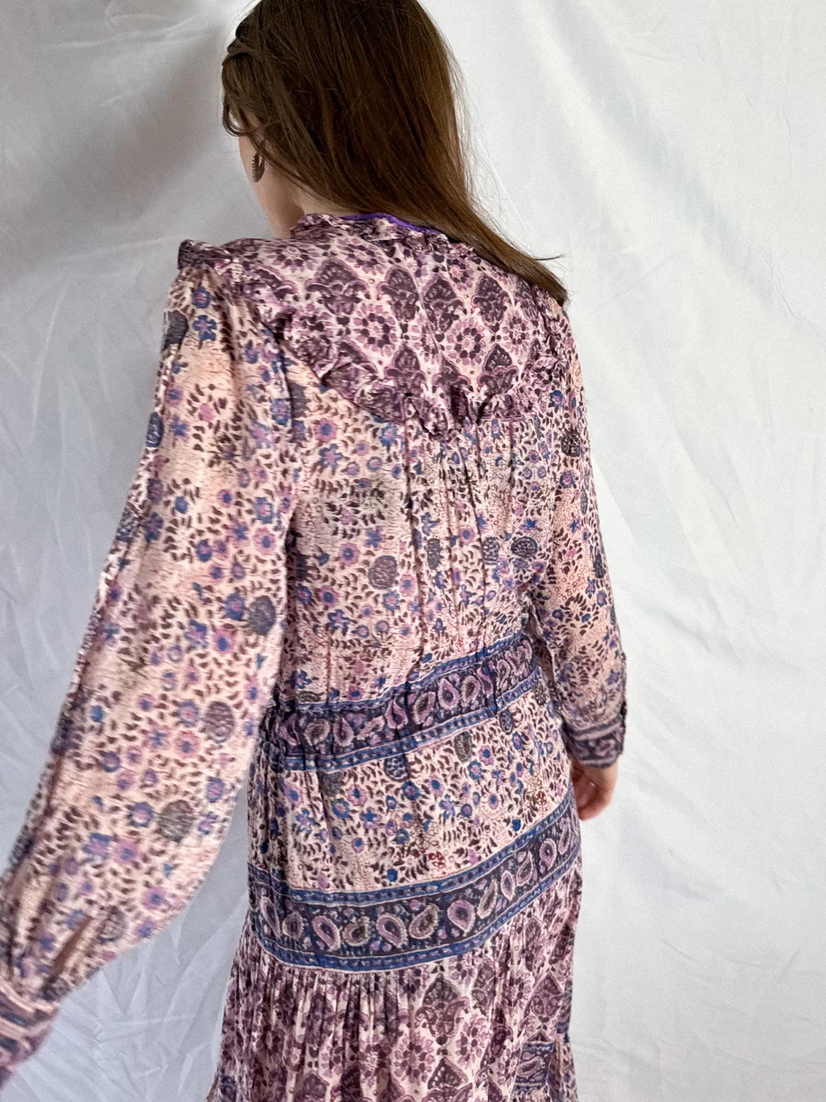 1970s Indian Cotton Gauze Block Print Prairie-Style Dress with Ruffled Neckline and Drawstring Waist