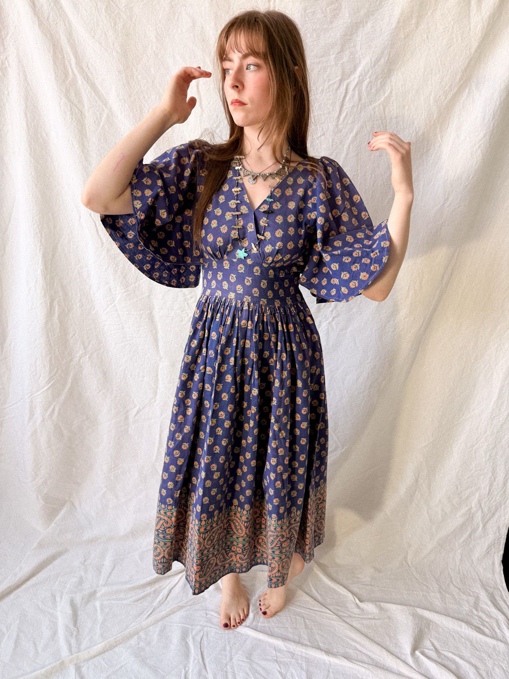 1970s West German Cotton Block Print Angel Sleeve Dress
