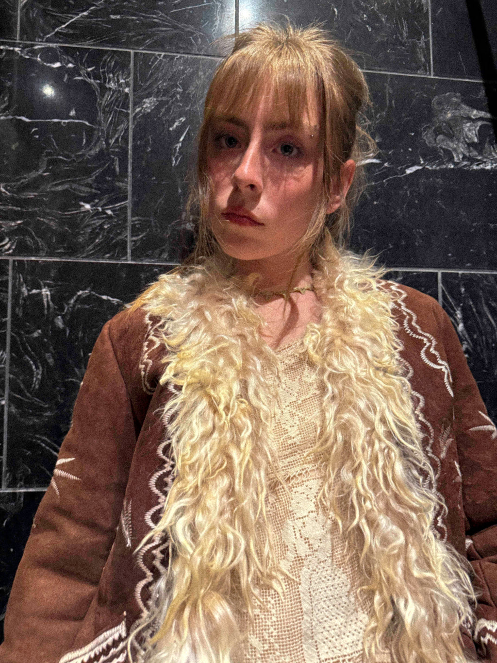 1970s Afghan Shearling Coat – Chocolate Brown with Creamy Trims and Ivory Embroidery