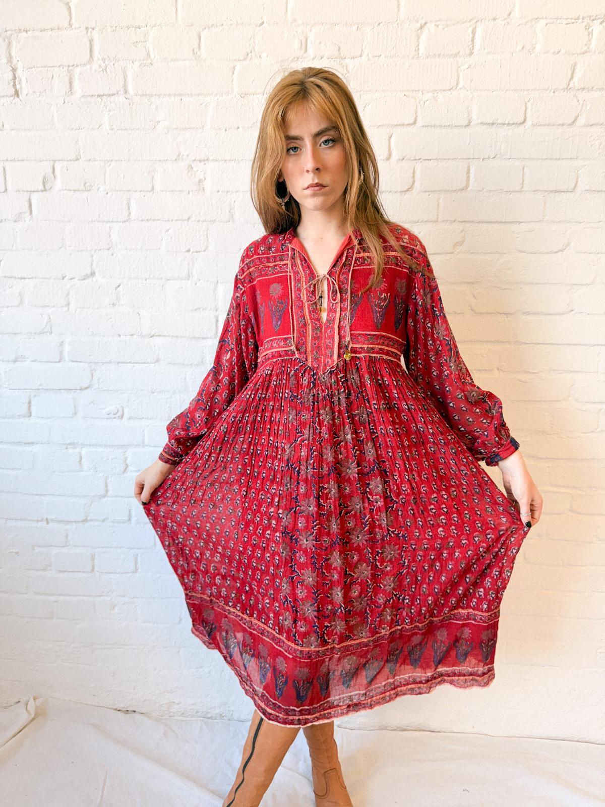 1970s Cotton Gauze Indian Block Print Midi Dress
