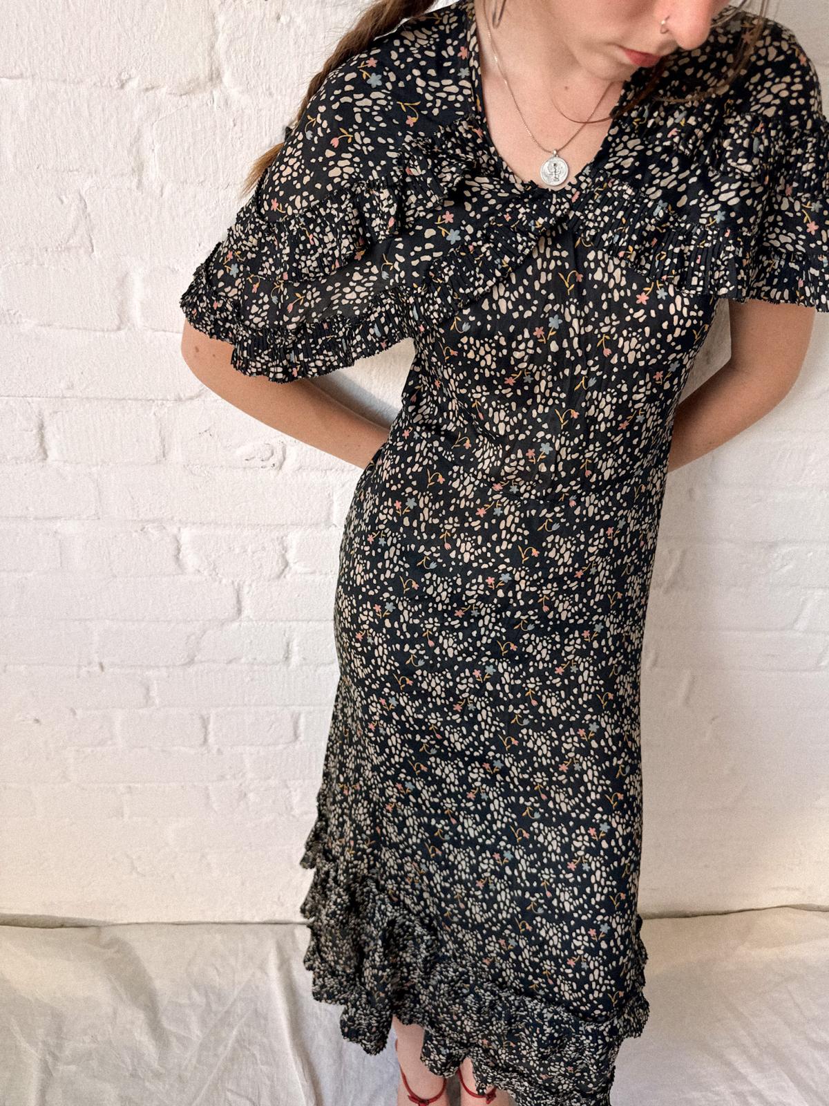 1920s Black Silk Voile Capelet Dress with Pleated Ruffle Hem | Flapper Day Dress | Rare Antique Silk Dress