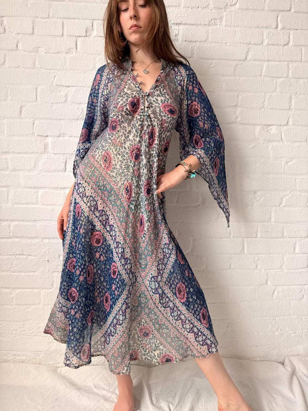 1970s Adini Floral Gauze Gold Lurex Caftan