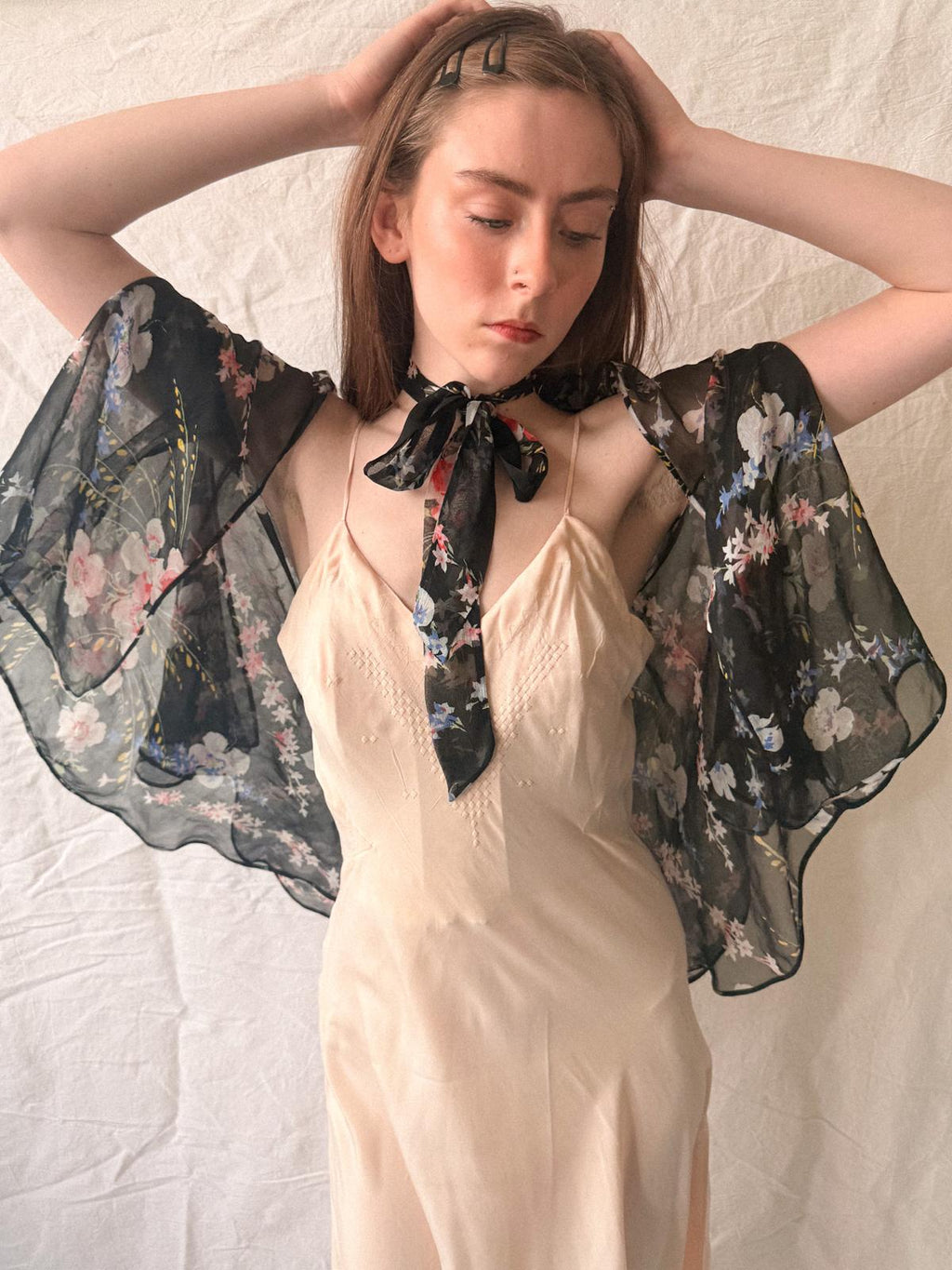 1930s Floral Silk Chiffon Cape Jacket/Bolero