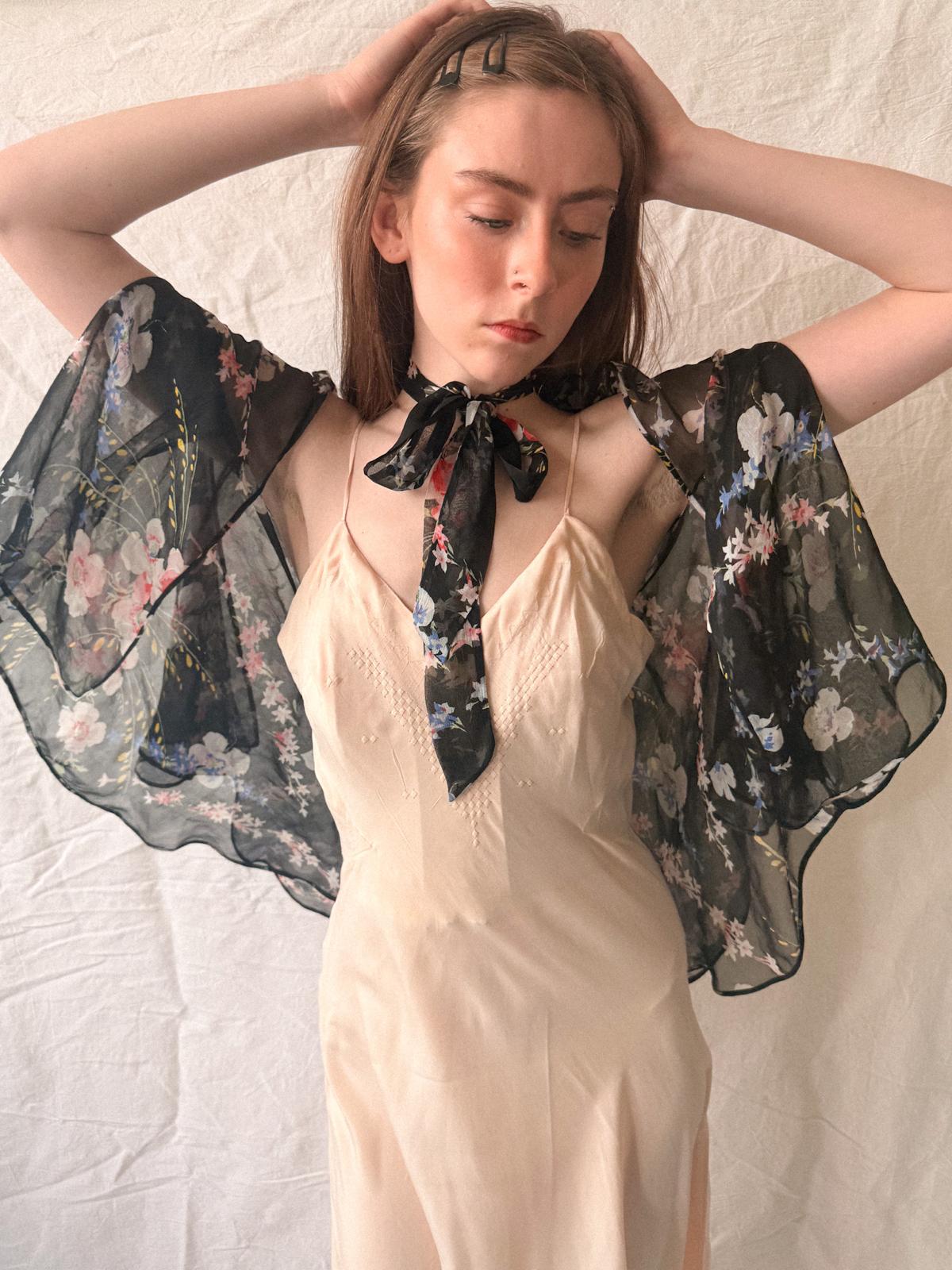 1930s Floral Silk Chiffon Cape Jacket/Bolero