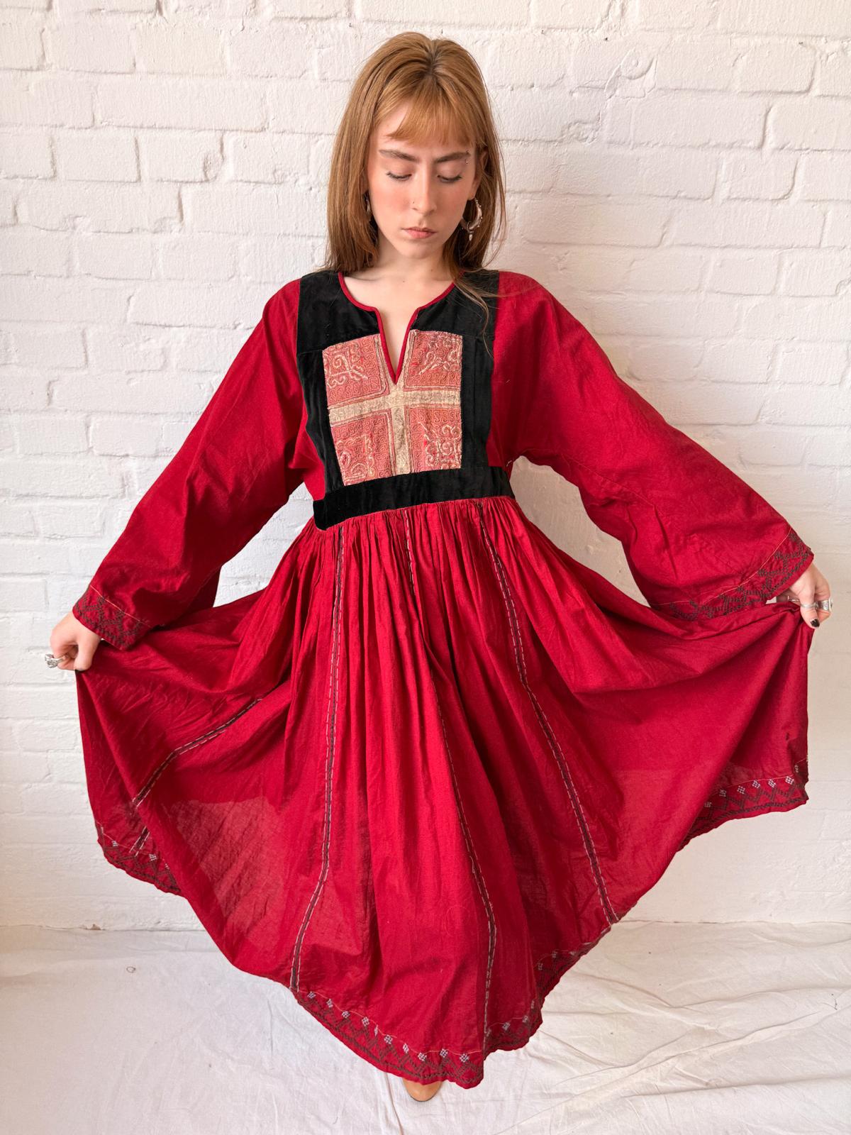 1970s Afghan Red Cotton Dress with Embroidered Yoke & Black Velvet
