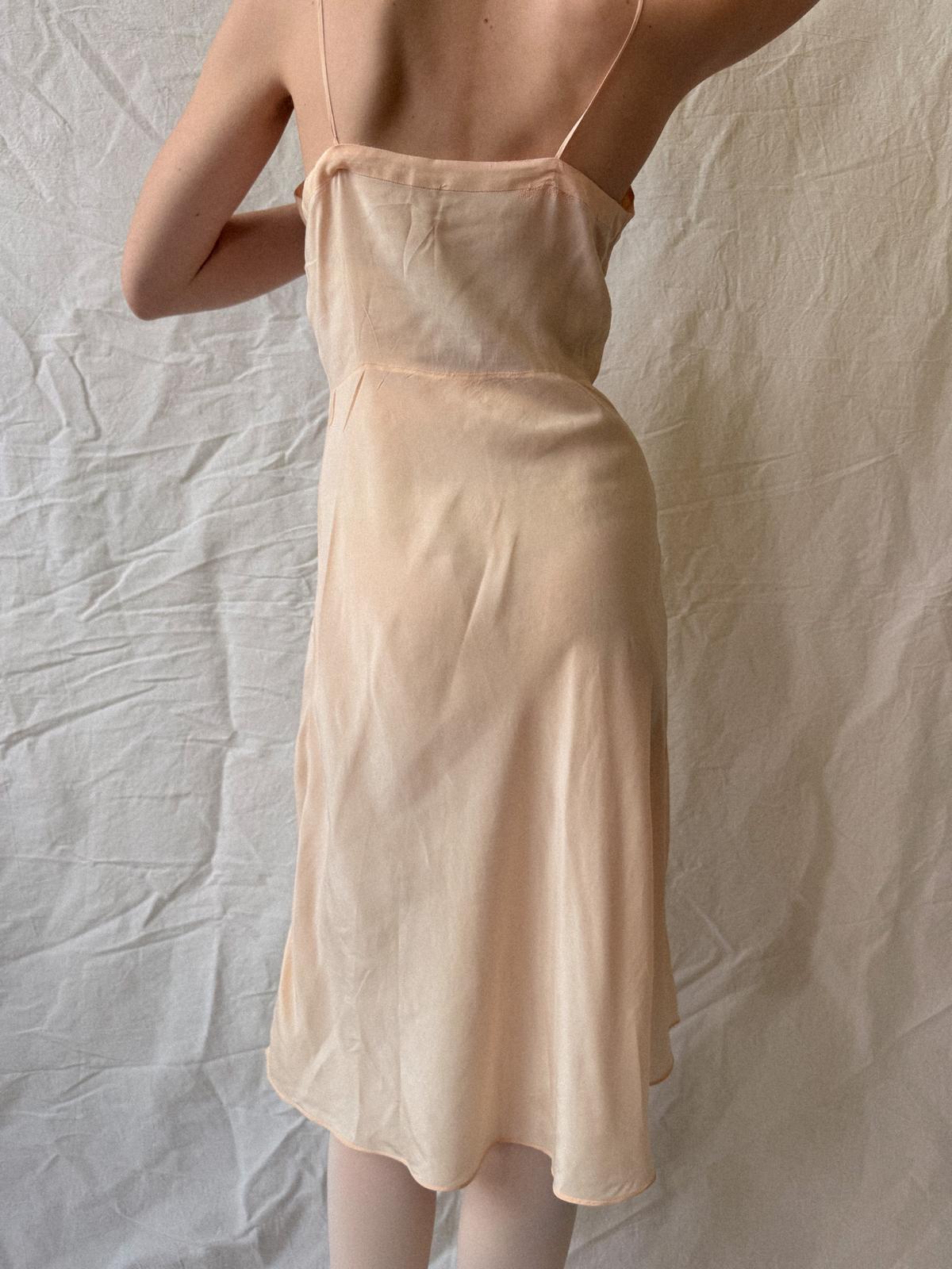 1930s Peach Silk Bias Cut Slip Dress with Art Deco Fagoting Detail