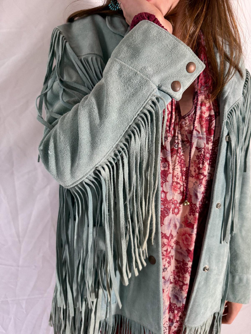 1970s Mint Green Suede Fringe Jacket