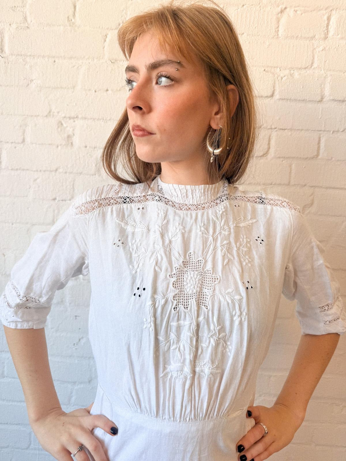 Edwardian White Embroidered Cotton Lawn Dress
