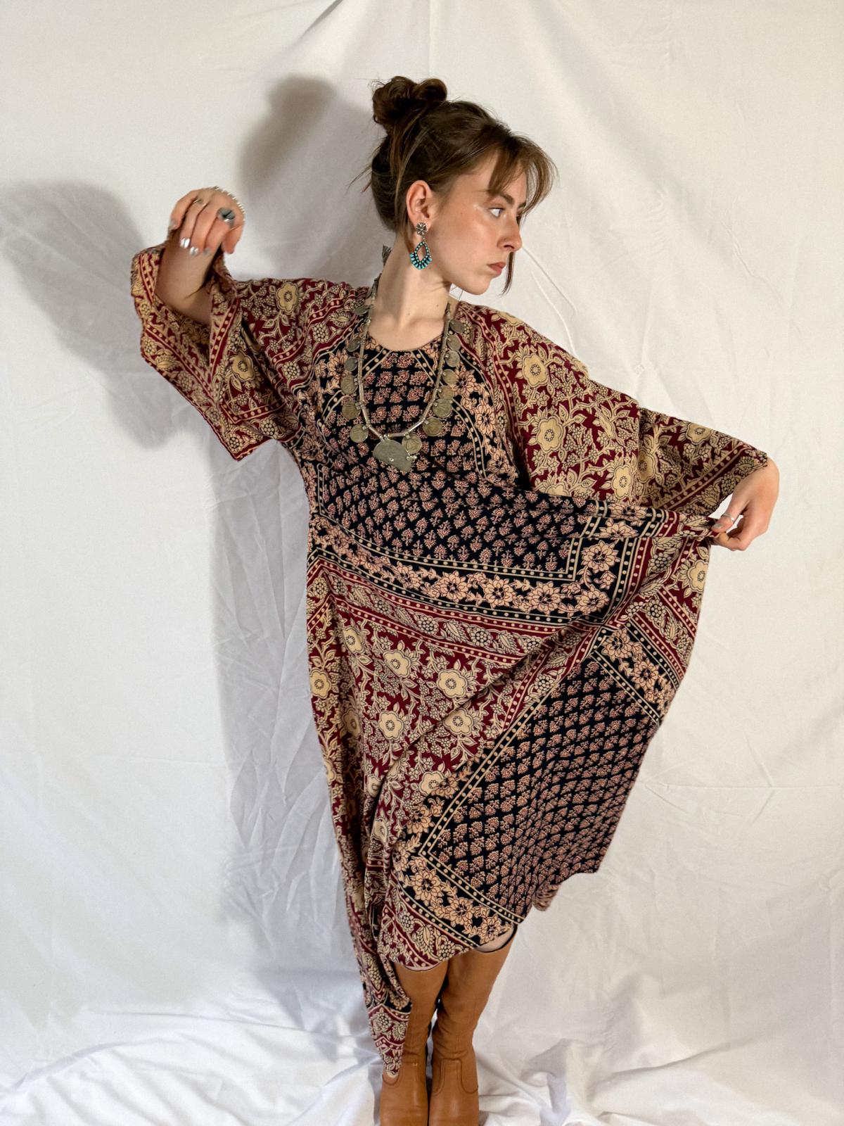 1970s Kaiser Indian Block Print Cotton Maxi Kaftan Dress