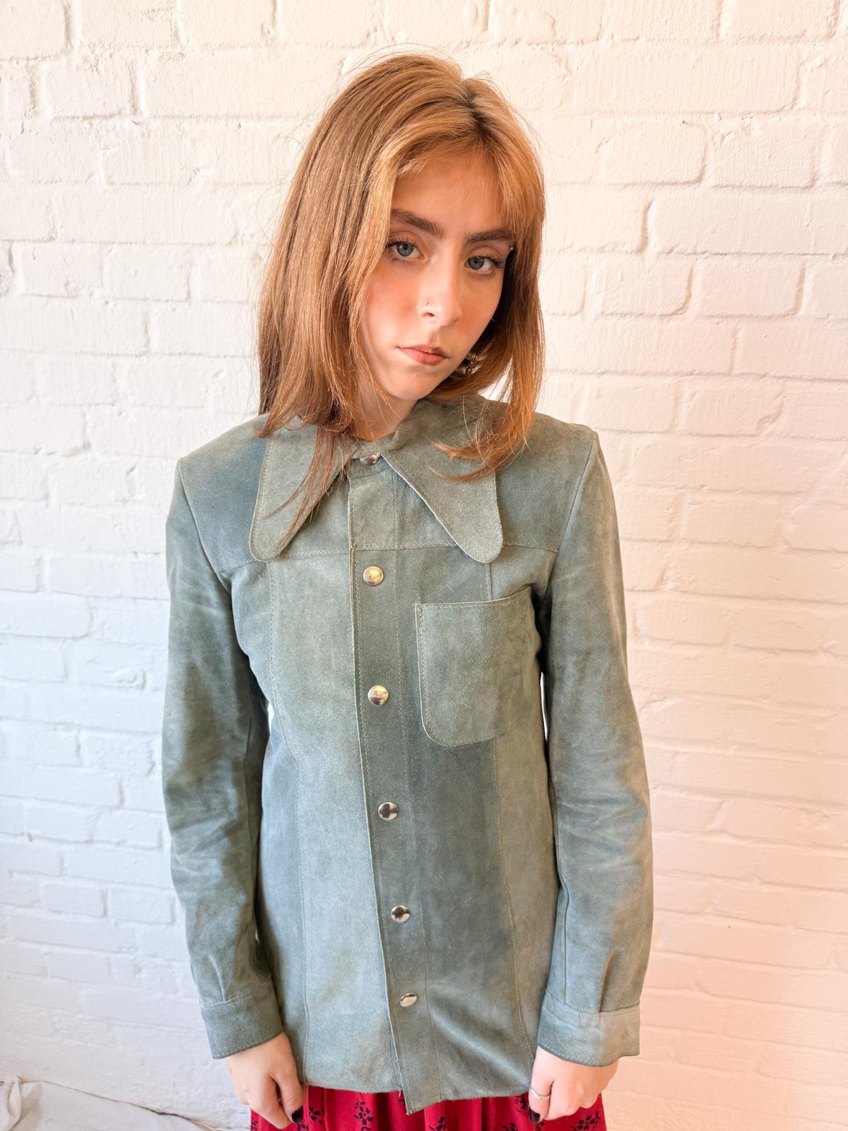 1970s Ice Blue Suede Dagger Collar Jacket Shirt