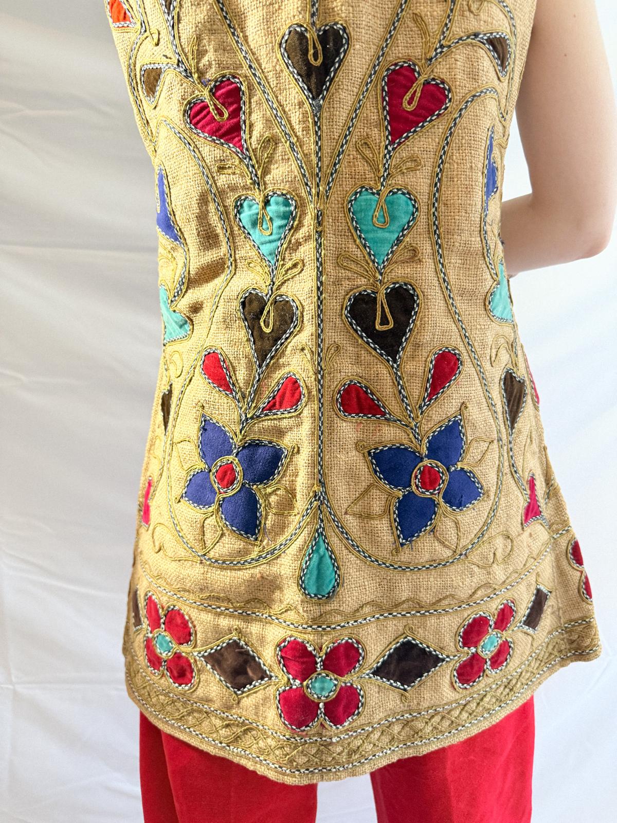 1960s Afghan Jute Vest with Embroidery and Intricate Velvet Inlay