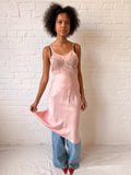 1930s–40s Bubblegum Pink Silk Satin Bias Cut Slip Dress with Lace