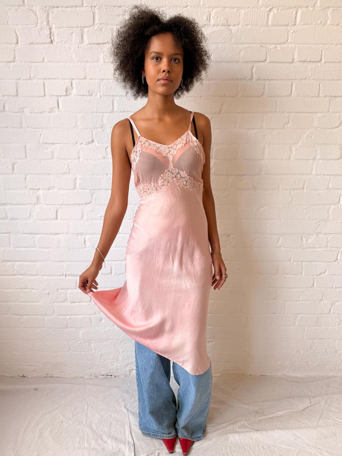 1930s–40s Bubblegum Pink Silk Satin Bias Cut Slip Dress with Lace