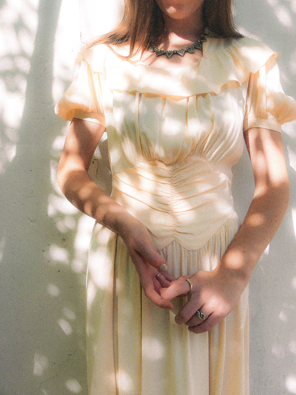 1930s Rayon Crepe Light Apricot Ruffled Dress