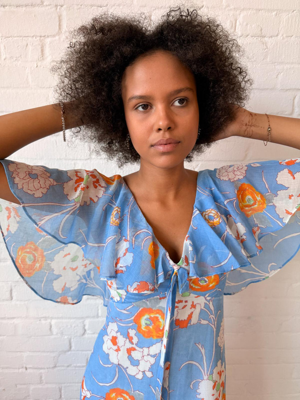 1960s–70s Hawaiian Floral Maxi Dress with Flutter Capelet