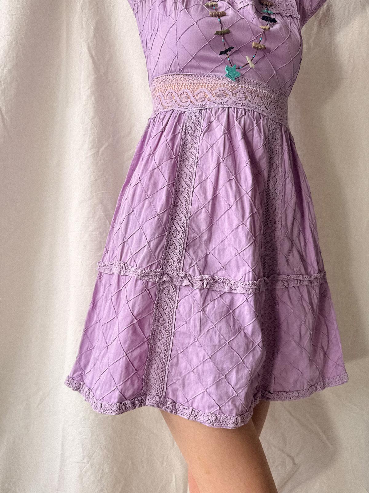 Lavender Quilted Cotton Lace Mini Dress | 1960s–70s Mexico
