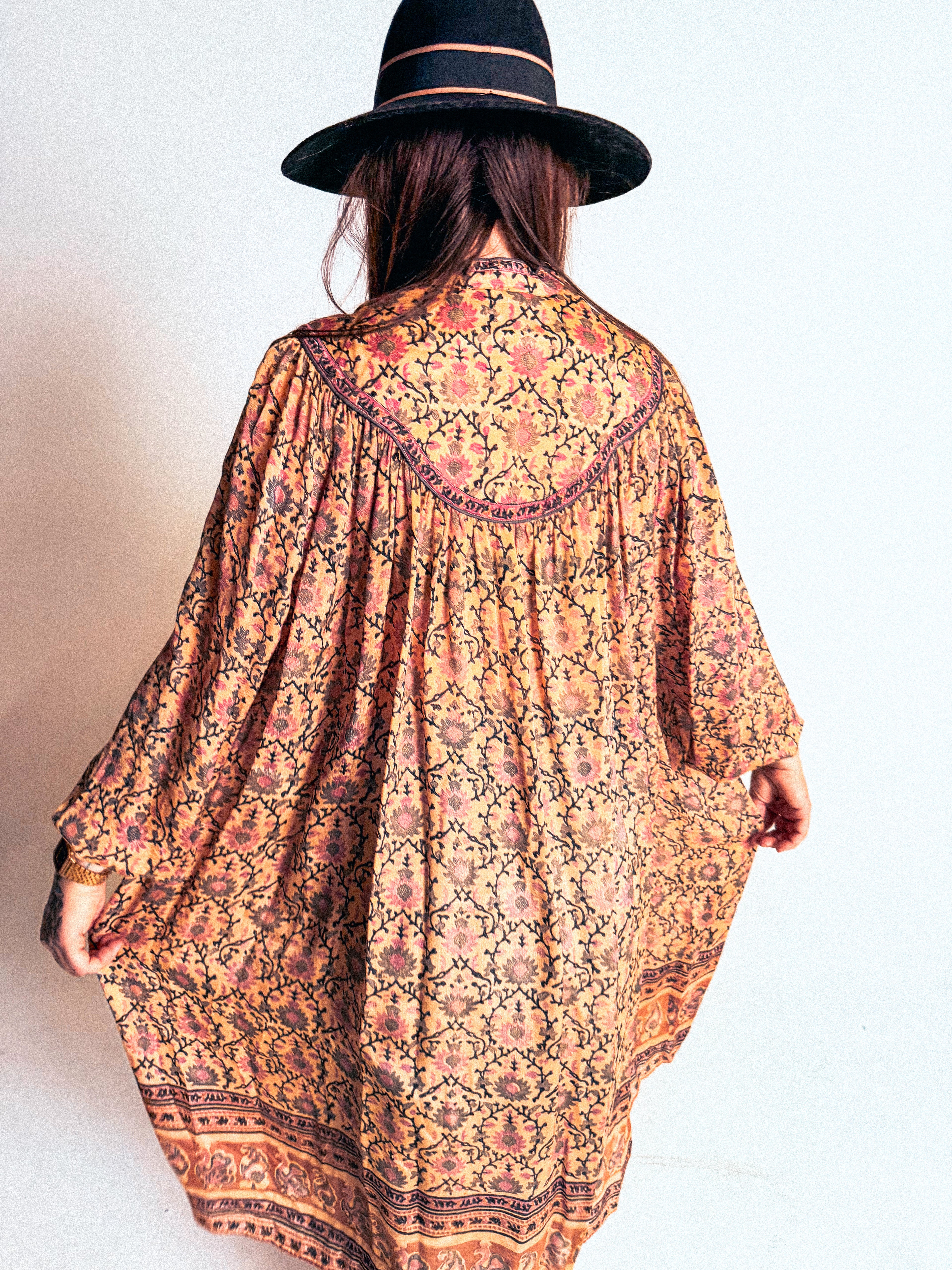 1970s Rare Phool 100% Silk Blockprint Tunic Dress- Free-Size
