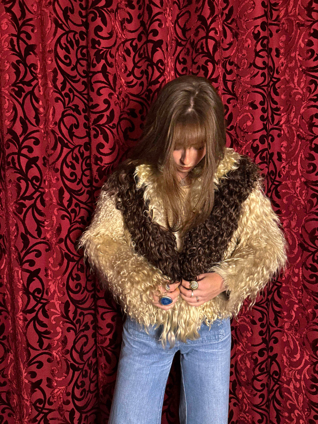 Rare 1960s–70s Tibetan Lamb Jacket – Two-Tone Curly Fur with Sculptural Sleeves