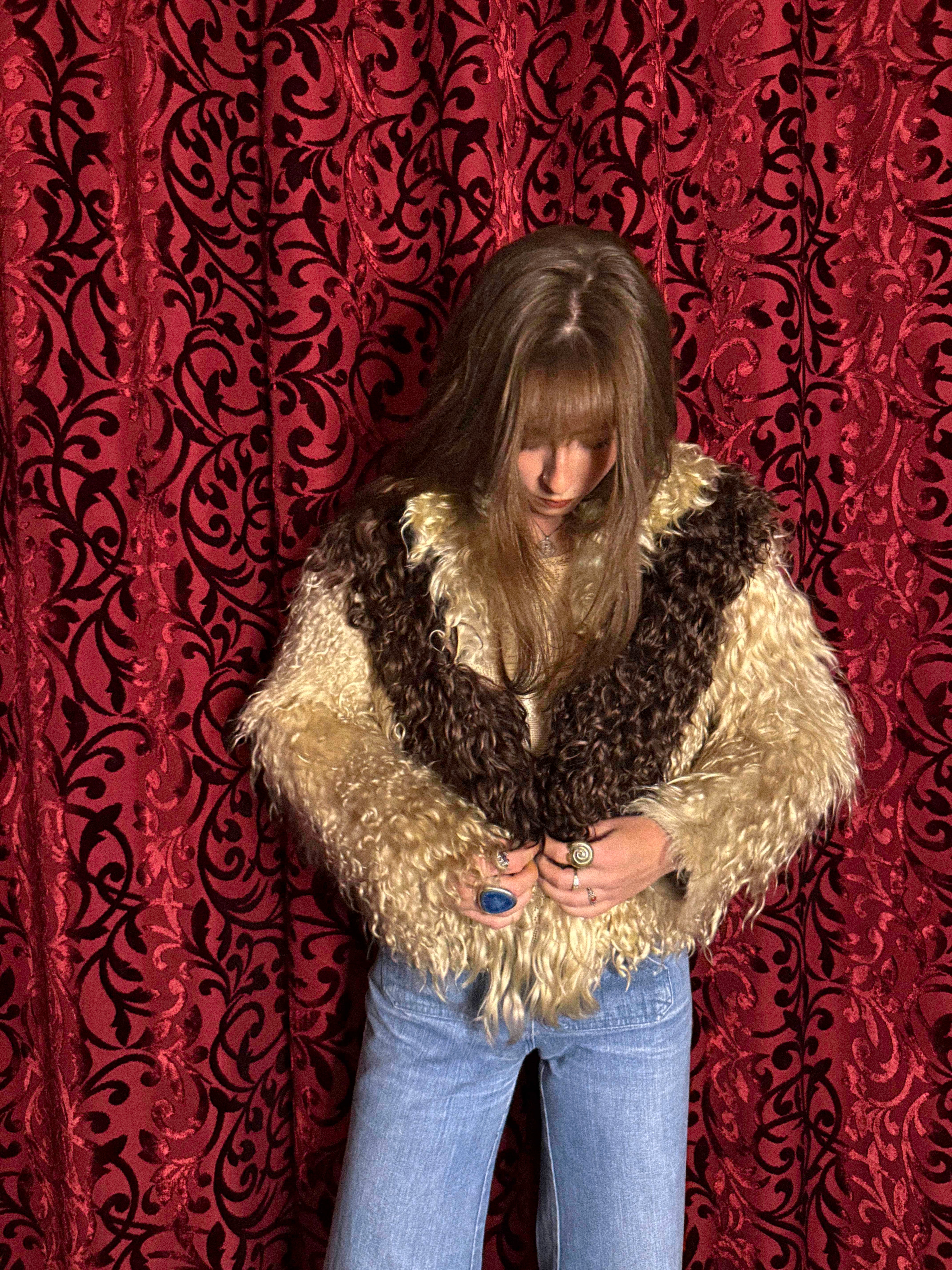 Rare 1960s–70s Tibetan Lamb Jacket – Two-Tone Curly Fur with Sculptural Sleeves