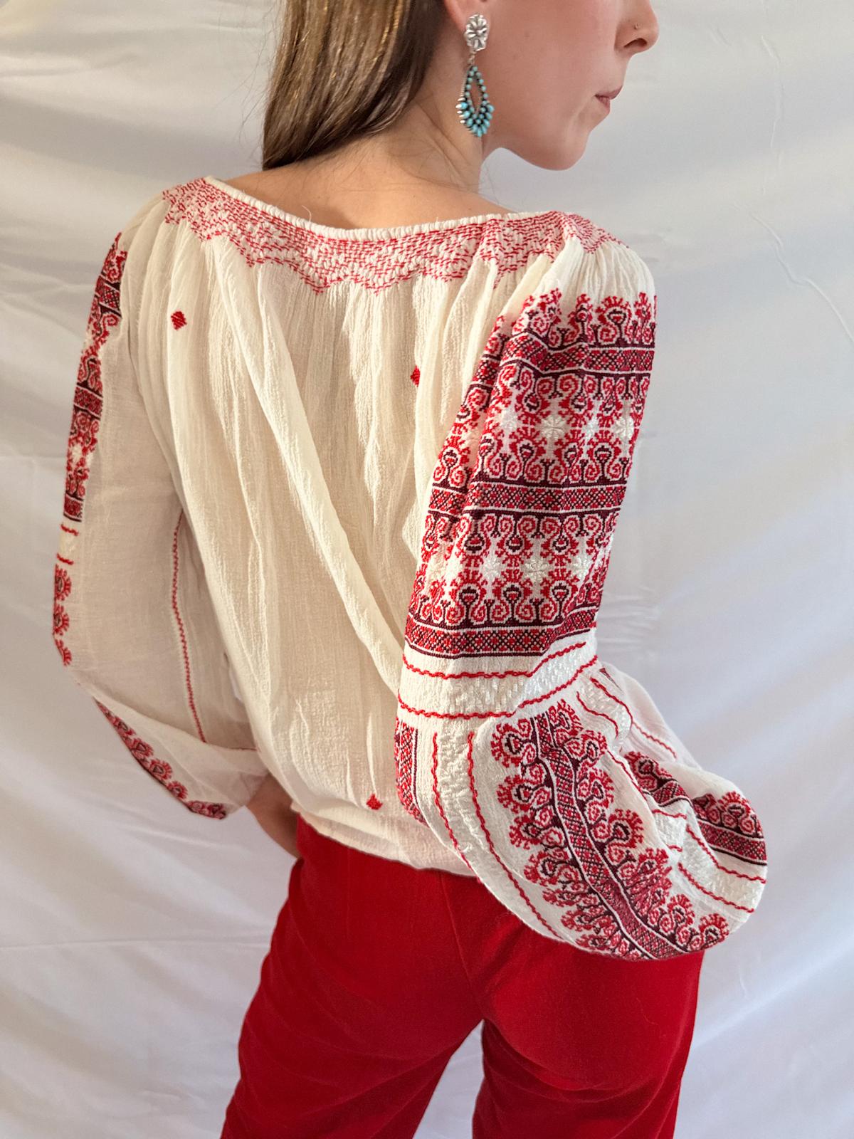 1940s Eastern European Embroidered Blouse in Red and Cream Cheesecloth