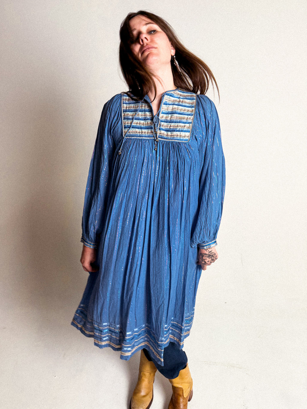 1970s Cotton Gauze and Lurex Dress
