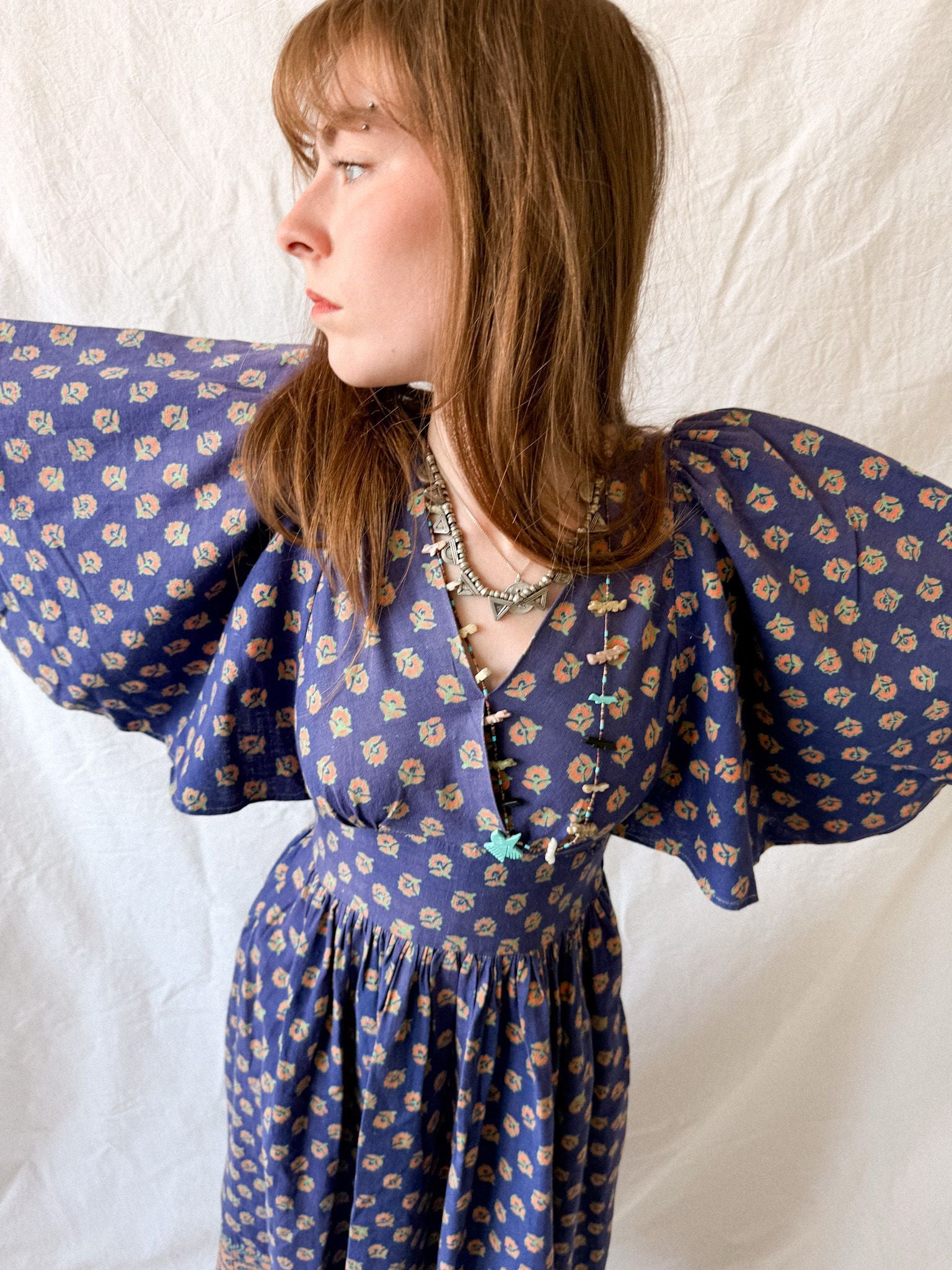 1970s West German Cotton Block Print Angel Sleeve Dress