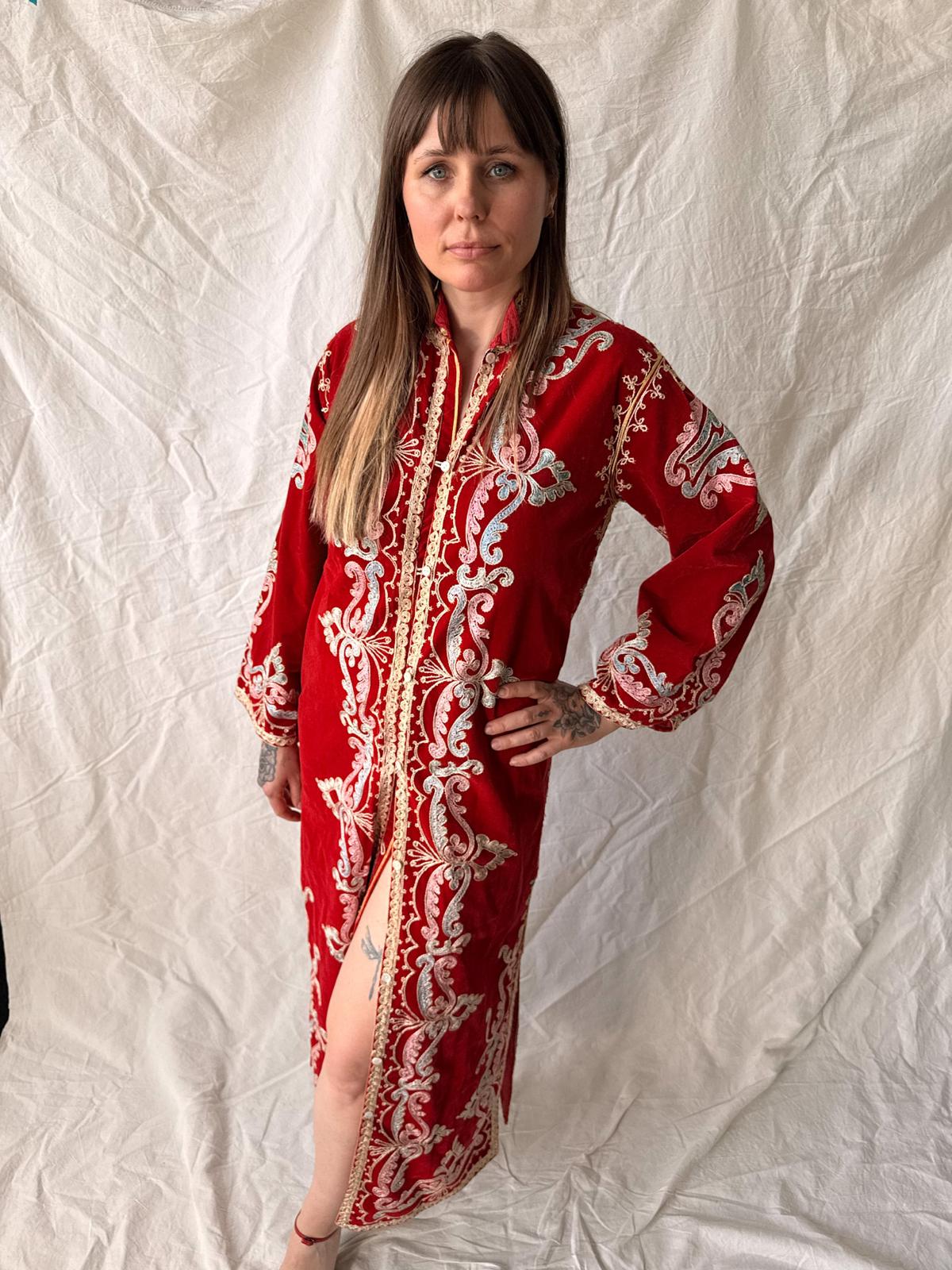 1970s Embellished Red Morroccan Velvet Caftan Coat