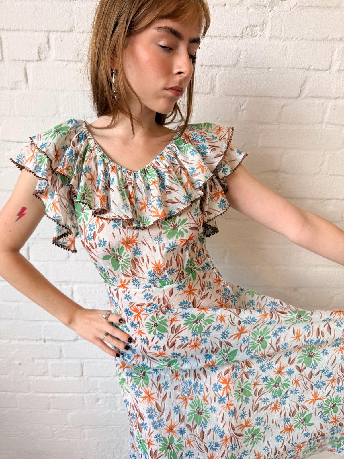 1930s Floral Cotton Voile Dress with Ruffled Neckline and Matching Belt
