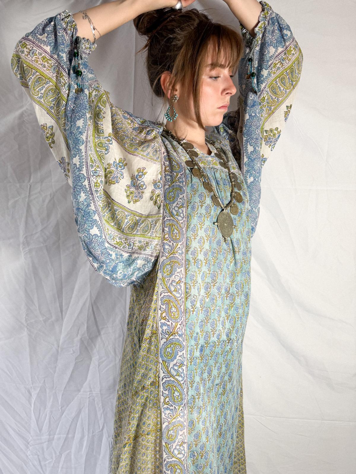 1970s Cotton Gauze Maxi Dress with Extravagant Sleeves