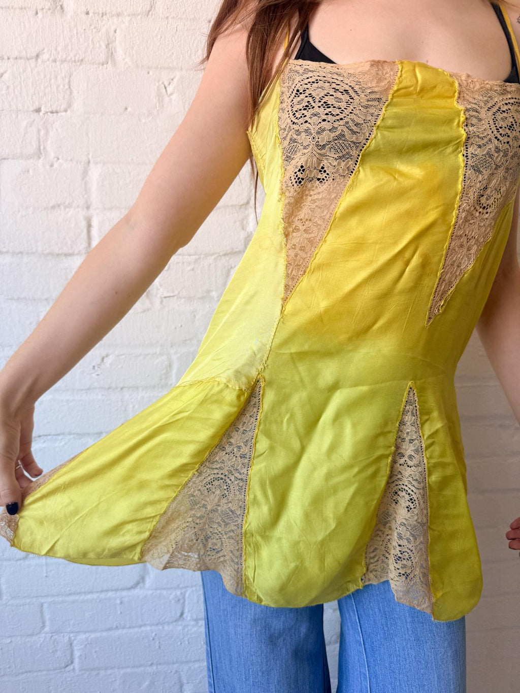 1920s Lemon Yellow Rayon Satin & Lace French Lingerie Slip