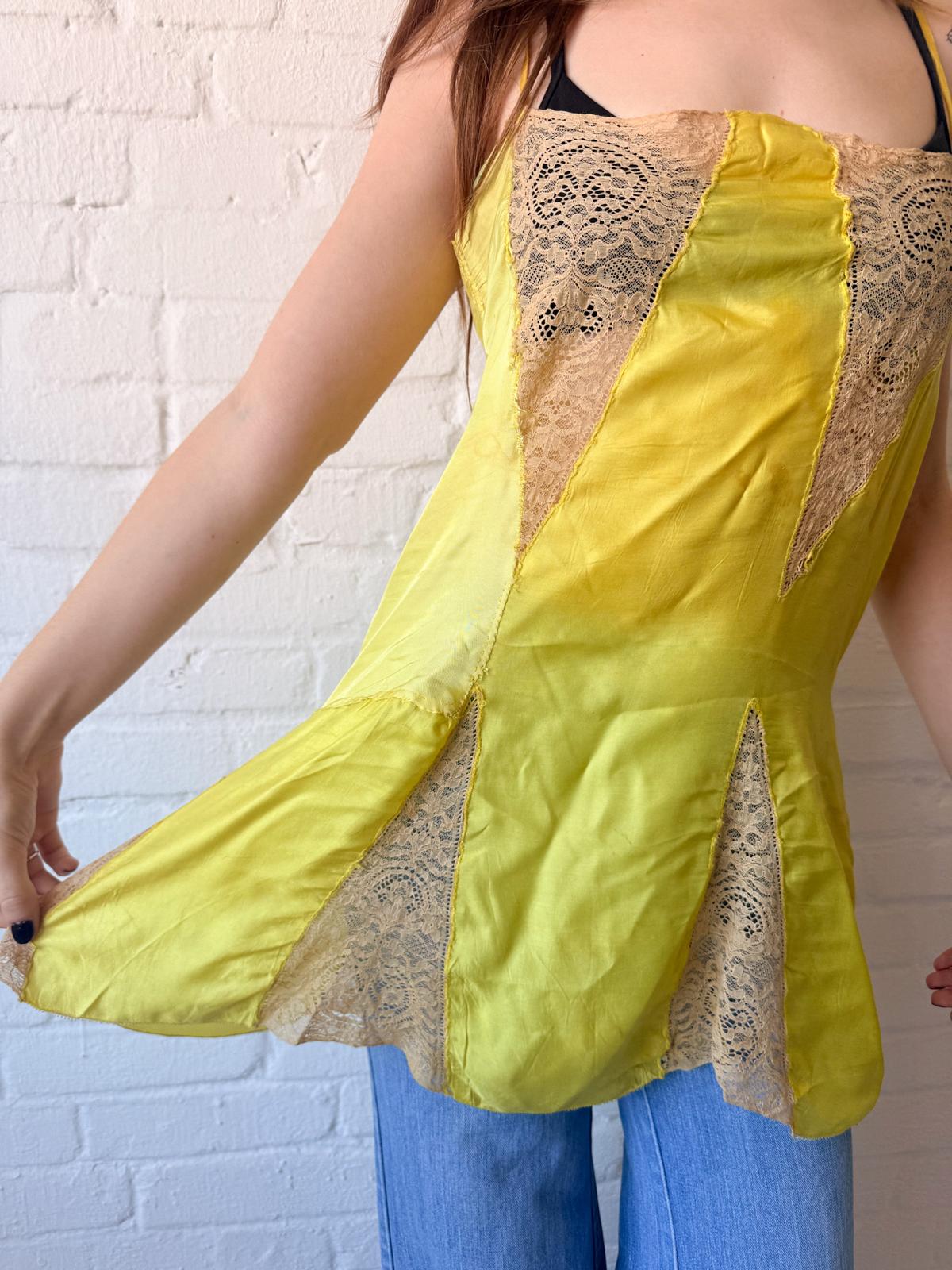 1920s Lemon Yellow Rayon Satin & Lace French Lingerie Slip