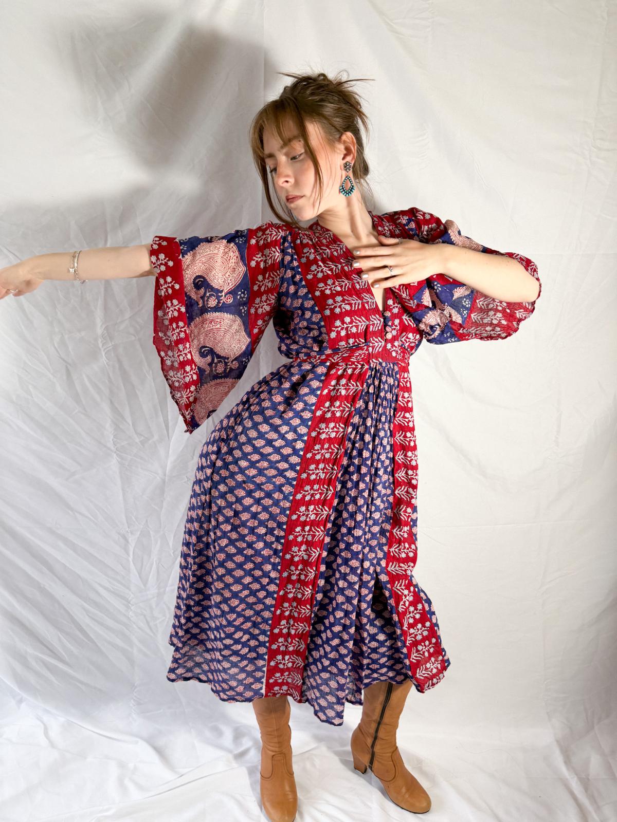 1970s Indian Cotton Gauze Block Print Dress with Angel Sleeves