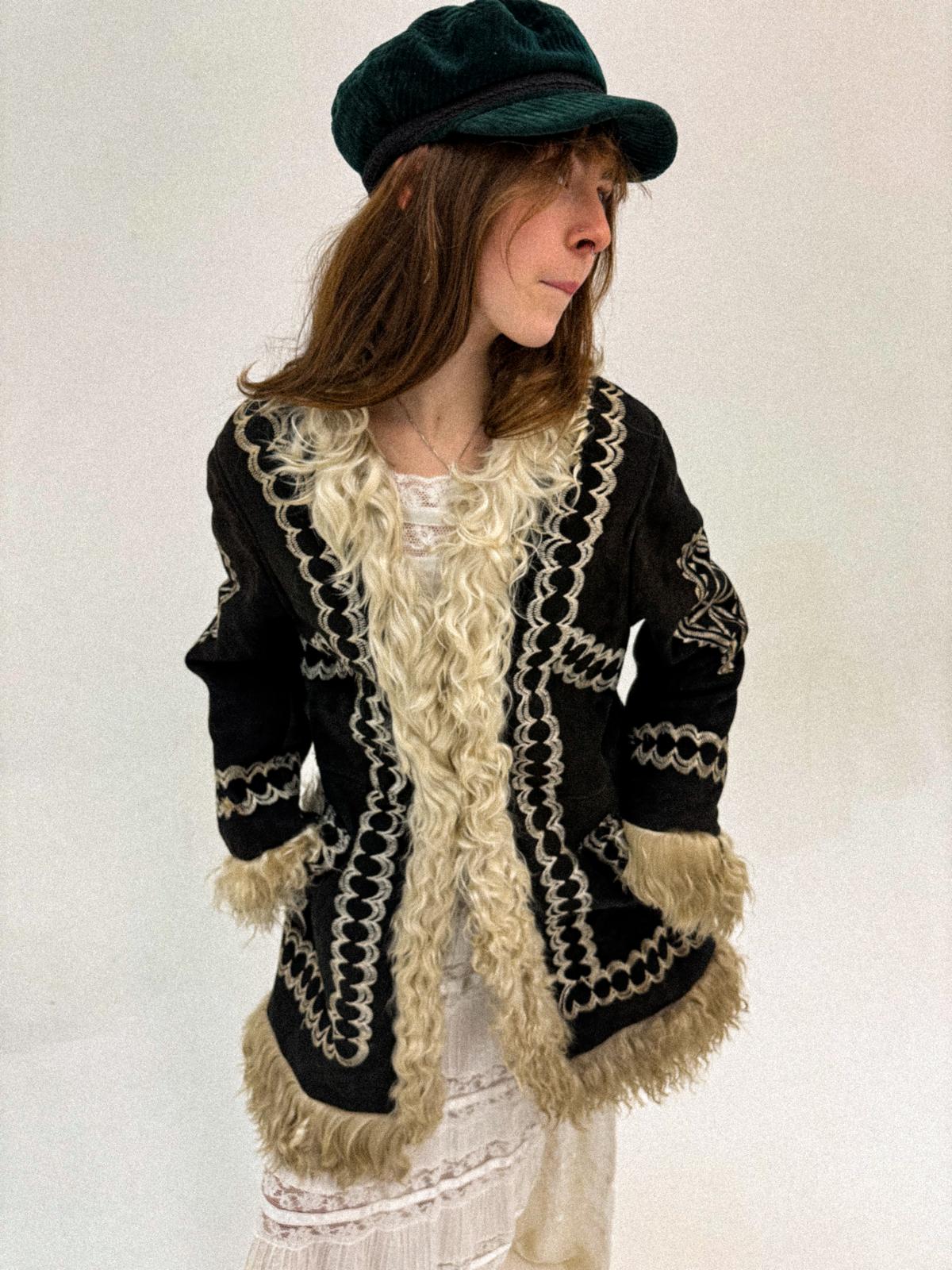 1960s/70s Inky Black Embroidered Afghan Shearling Coat with Lambswool Lining