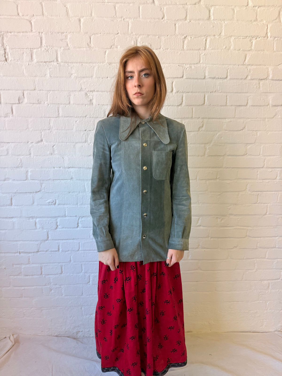 1970s Ice Blue Suede Dagger Collar Jacket Shirt