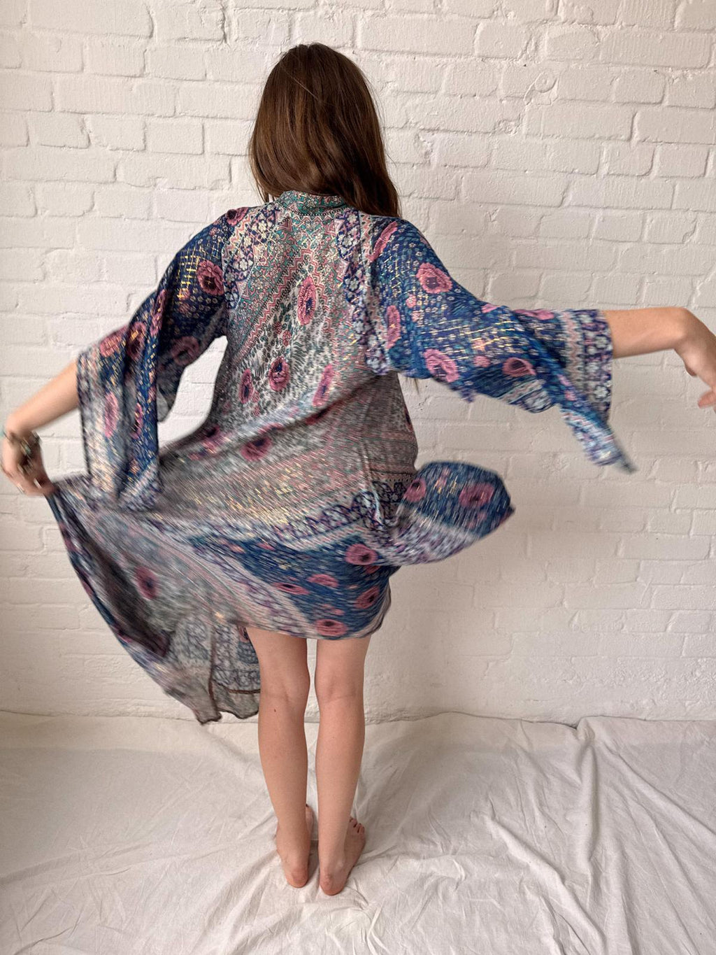 1970s Adini Floral Gauze Gold Lurex Caftan