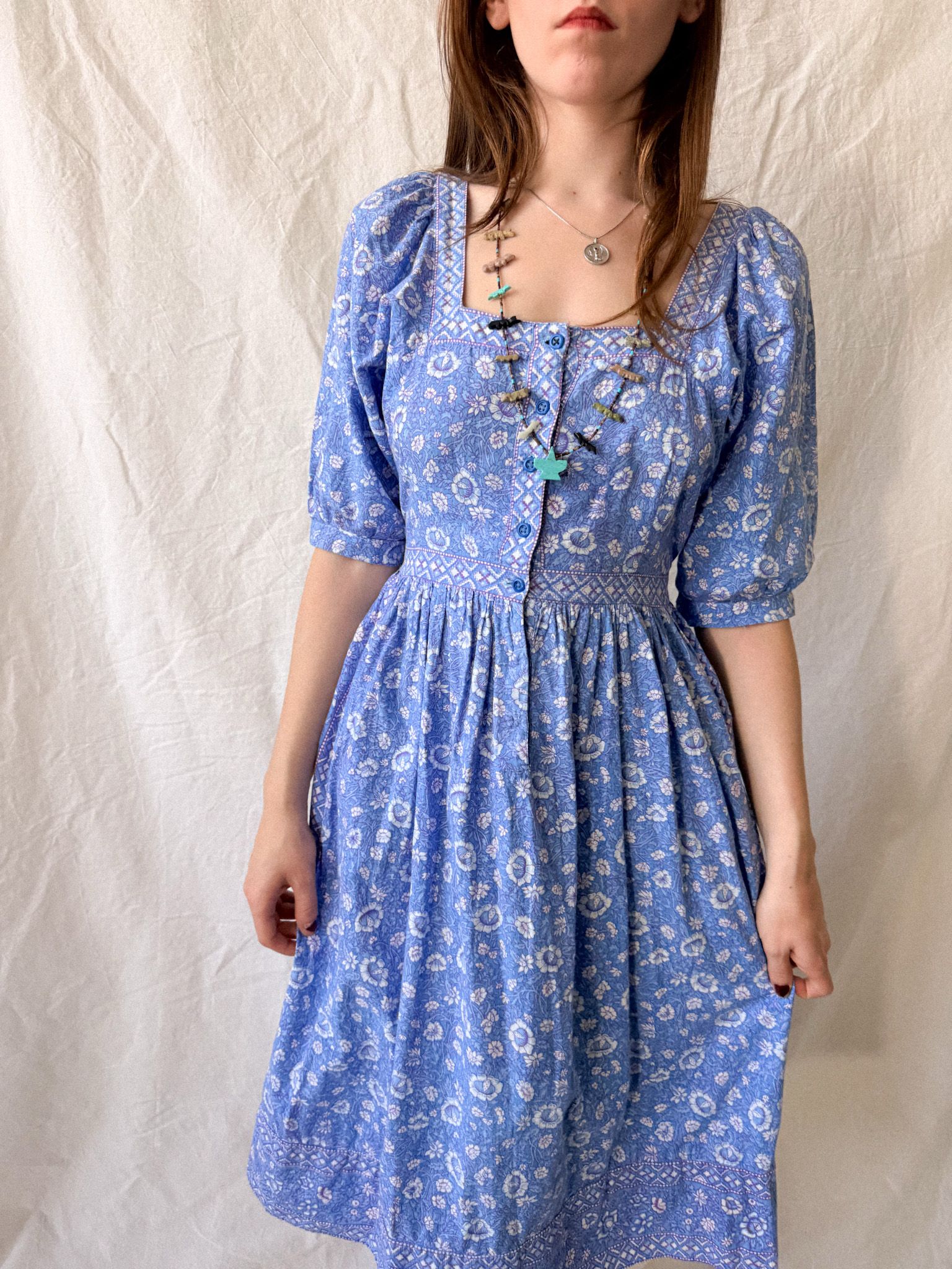 1970s Ritu Kumar for Rosafi Indian Blockprint Cotton Prairie Summer Dress