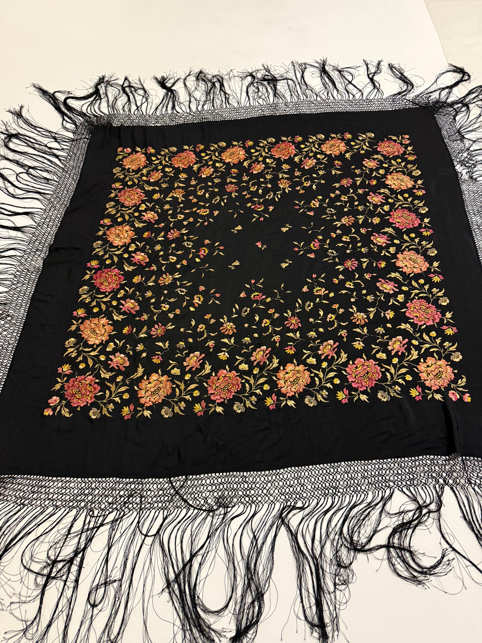 1920s Silk Piano Shawl with Embroidered Peonies