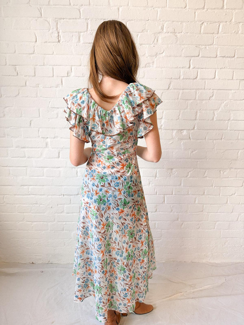 1930s Floral Cotton Voile Dress with Ruffled Neckline and Matching Belt