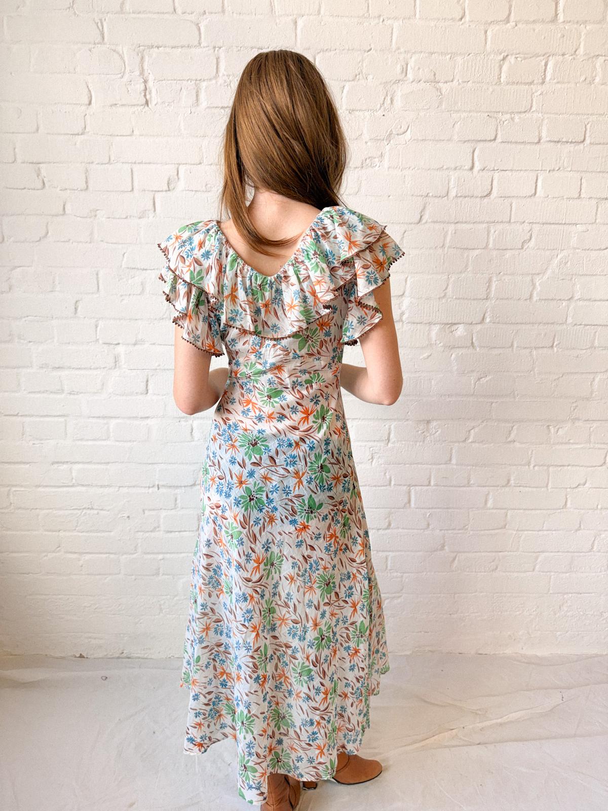 1930s Floral Cotton Voile Dress with Ruffled Neckline and Matching Belt