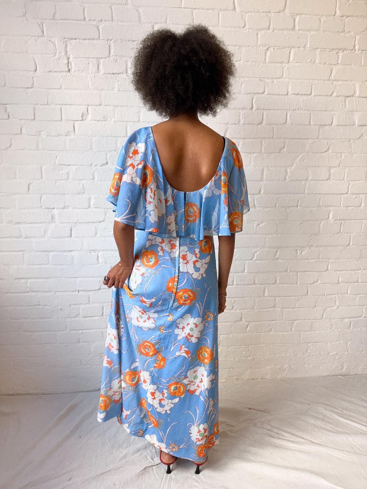 1960s–70s Hawaiian Floral Maxi Dress with Flutter Capelet