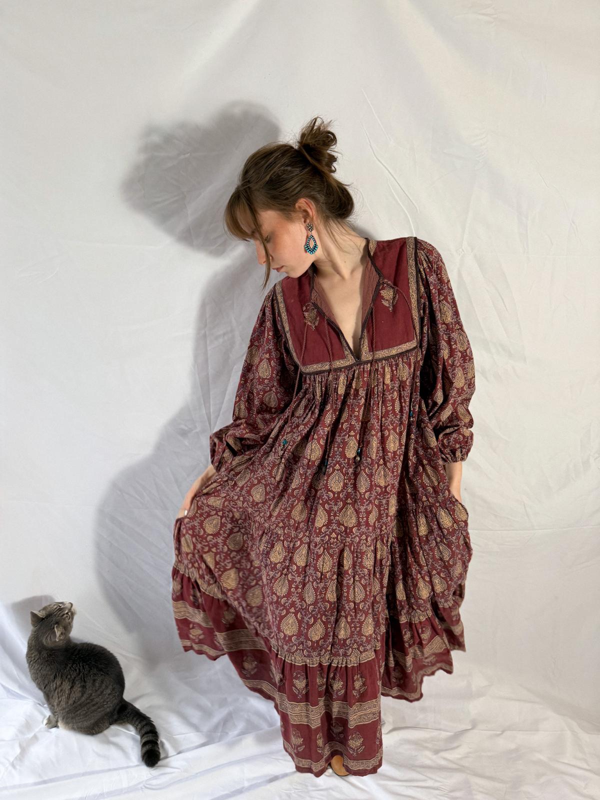 1970s Indian Block Print Cotton Dress with Tiered Skirt and Beaded Tassels