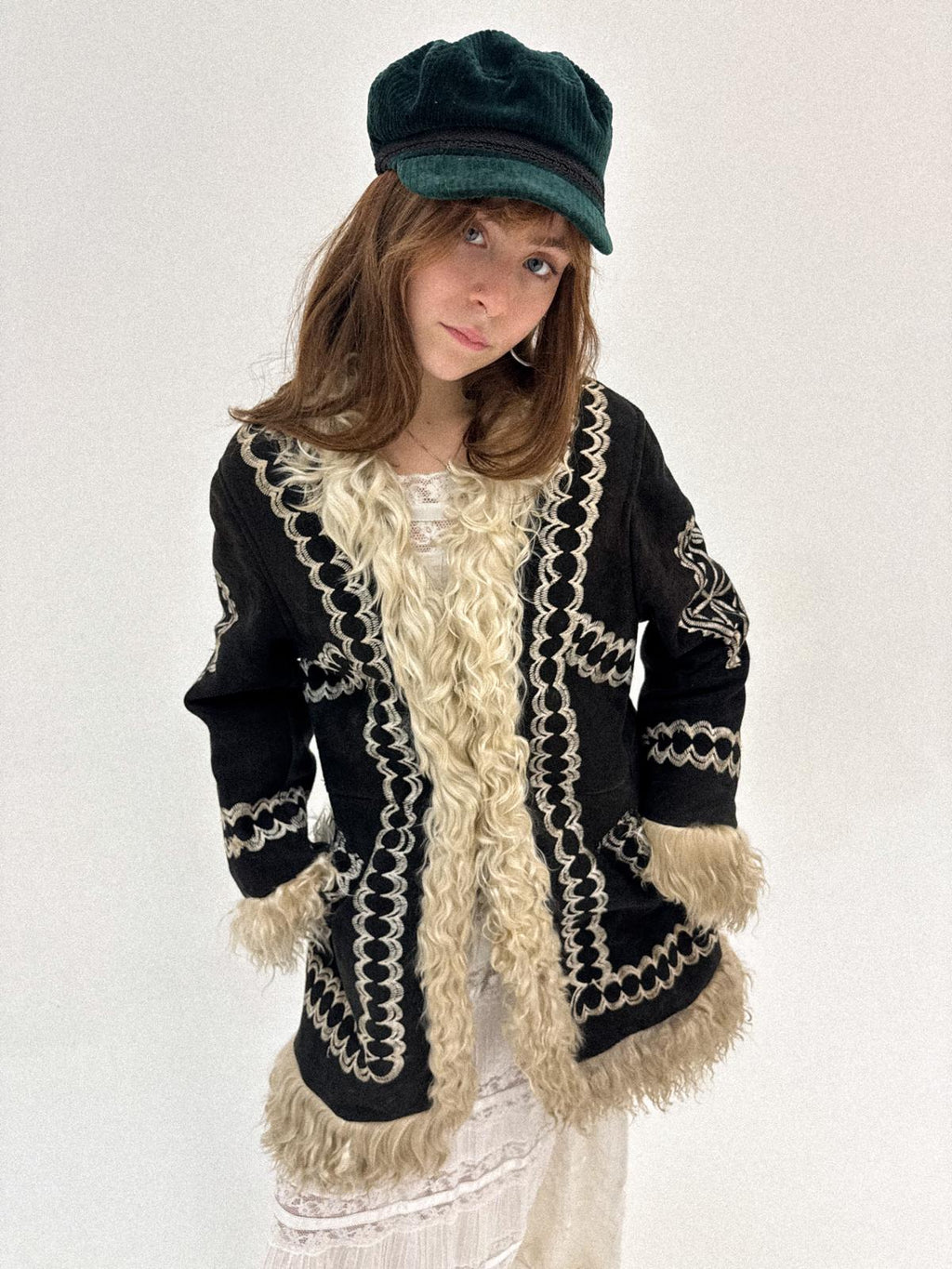 1960s/70s Inky Black Embroidered Afghan Shearling Coat with Lambswool Lining