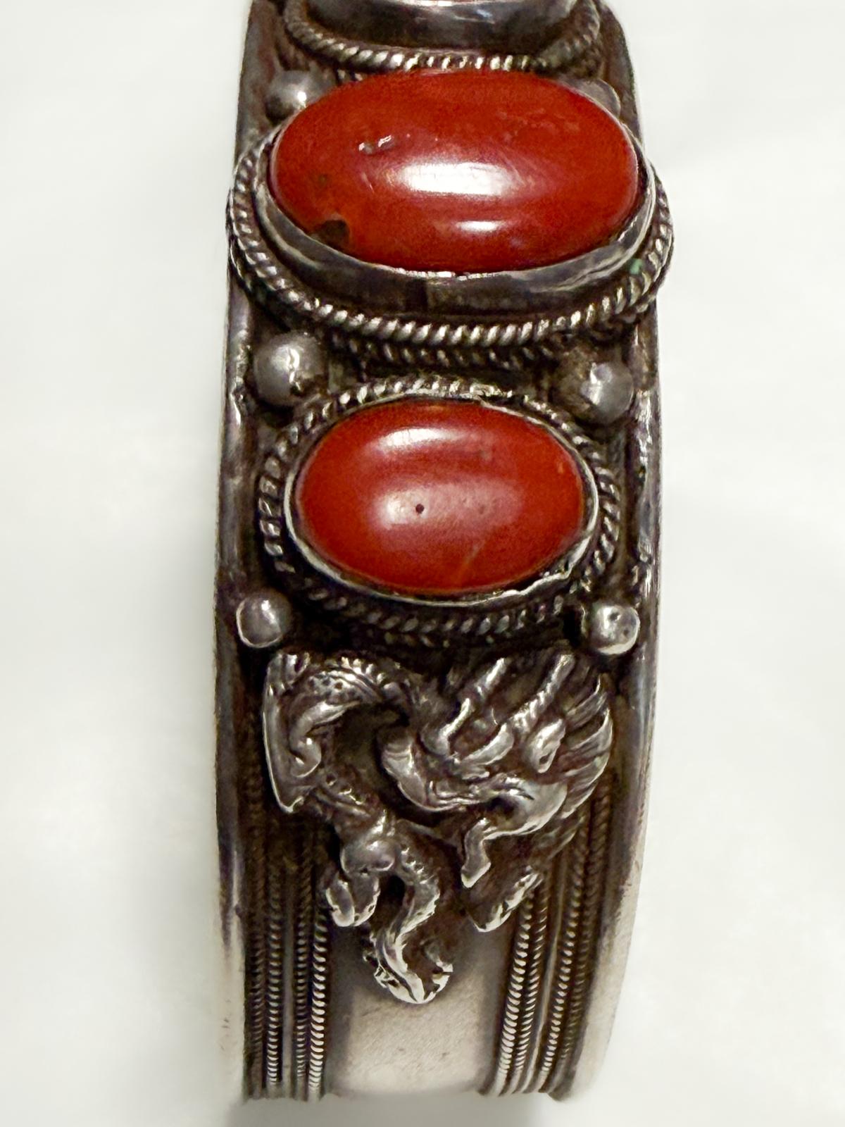 1970s Nepalese Silver & Coral Cuff with Dragon–Serpent Motif