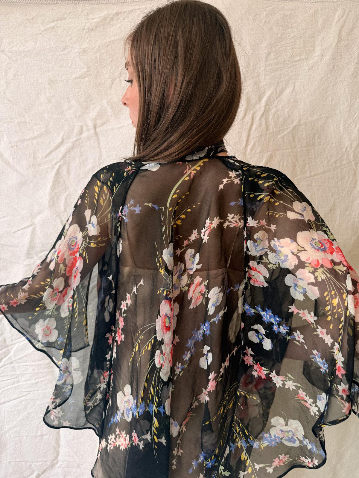 1930s Floral Silk Chiffon Cape Jacket/Bolero