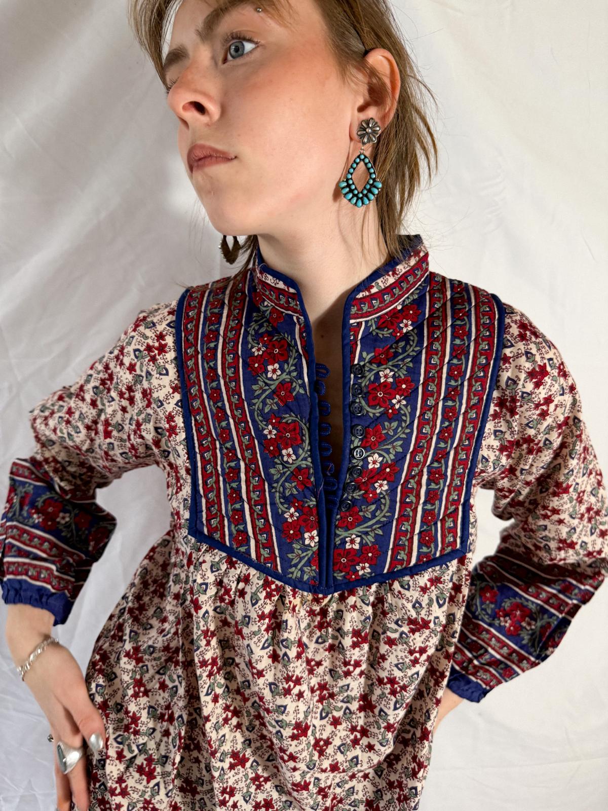 1970s-80s Blockprint Cotton Dress with Quilted Yoke