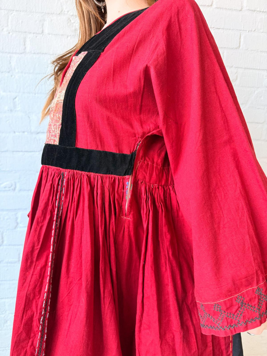 1970s Afghan Red Cotton Dress with Embroidered Yoke & Black Velvet
