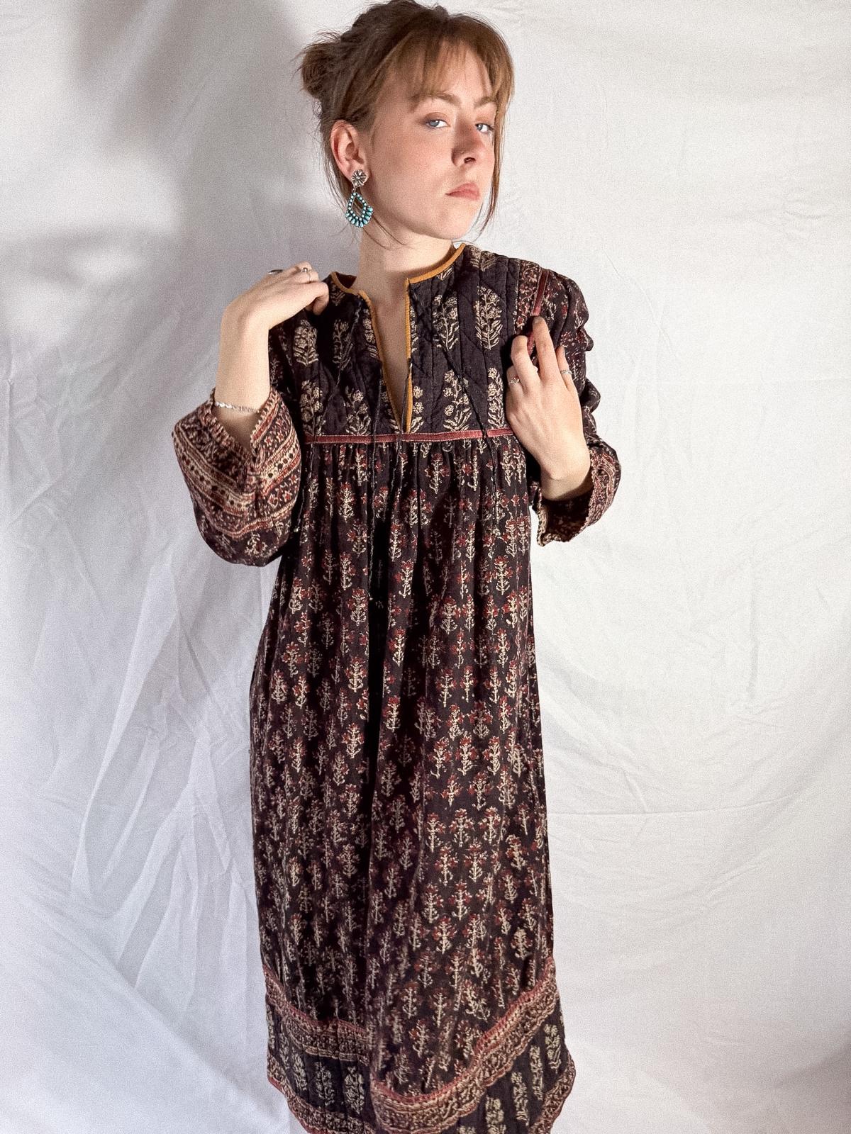 1970s Indian Block Print Cotton Dress with Quilted Yoke and Hem