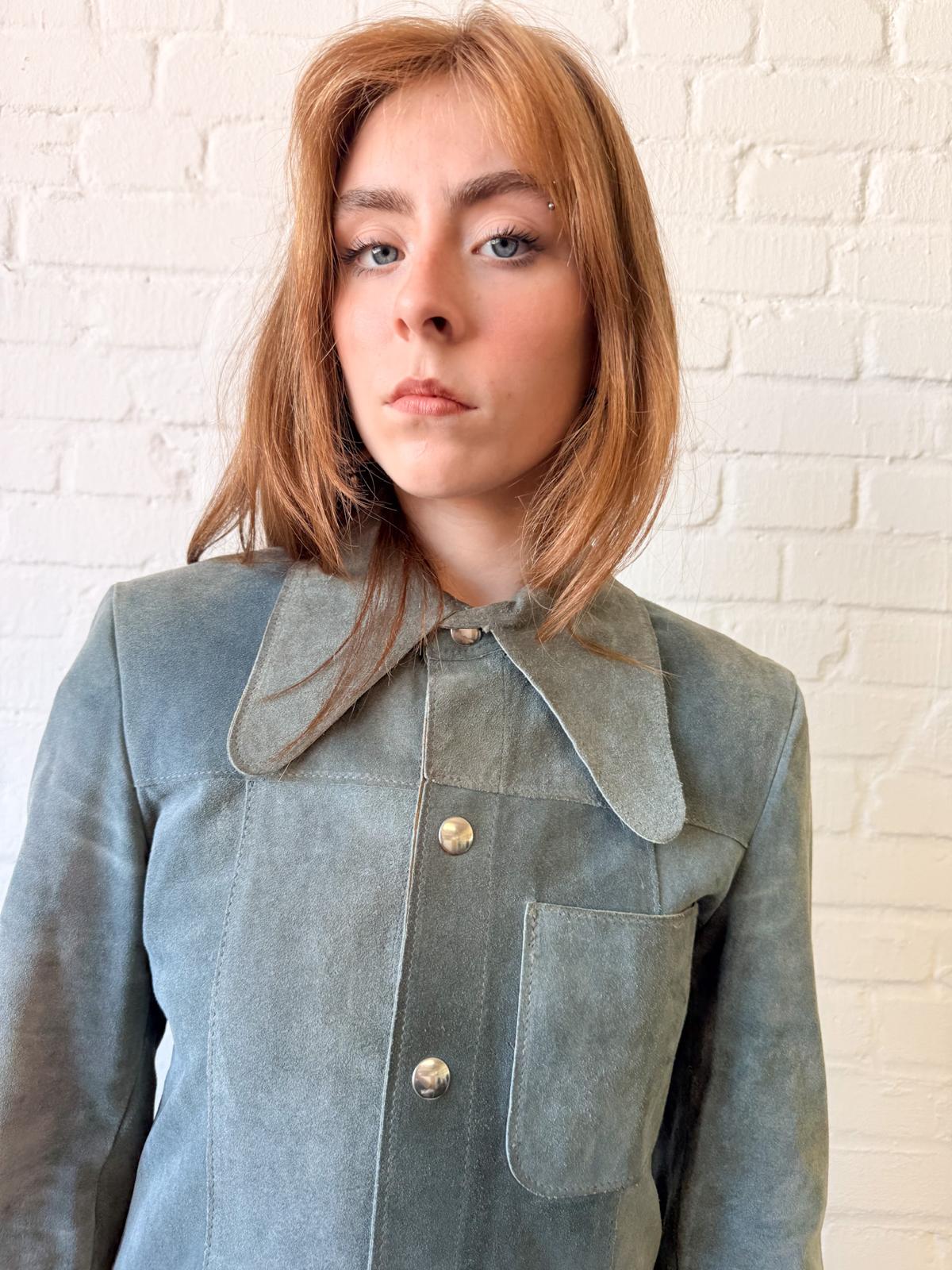 1970s Ice Blue Suede Dagger Collar Jacket Shirt