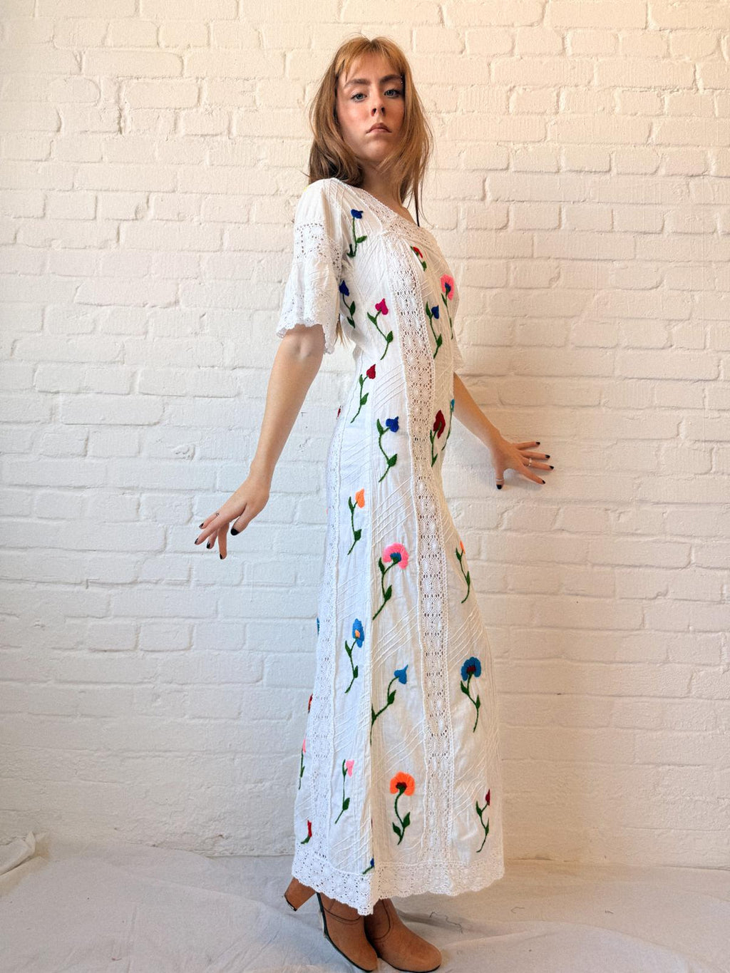 1970s Mexican-Style Embroidered Cotton & Crochet Maxi Dress
